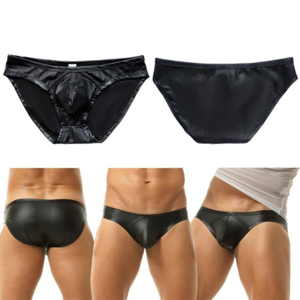 Black Mens Low Waist Underwear Artificial Leather Triangle Underwear Inflatable Bag Sexy Bikini Briefs Latex Wet Look Underpants