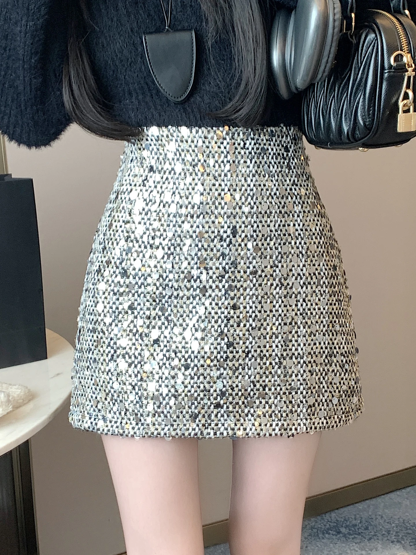 

iny Sequin Skirt Women's Spring Autumn High Waist Slimming Anti-Light A-Line Bodycon ort Skirt Commute Korean Sle