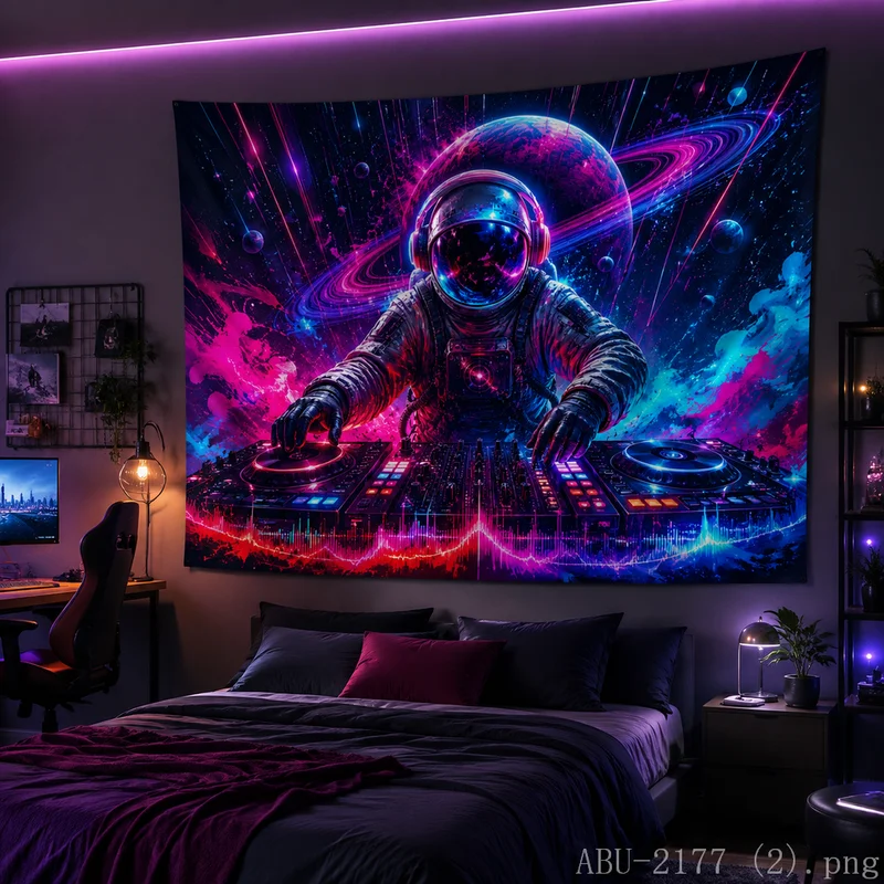 VIKAMA Psychedelic Space DJ Astronaut Tapestry Saturn Planet Cosmic Wall Hanging Aesthetic Decor Bedroom Gaming Room