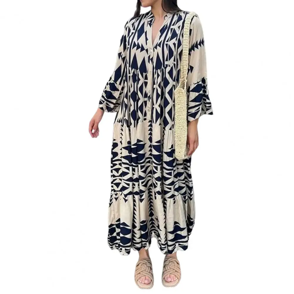 

V Neck Dress Bohemian Maxi Dress with Stand Collar Colorful Patchwork Print Women's Fall Spring A-line Pleated Dress Soft Fabric
