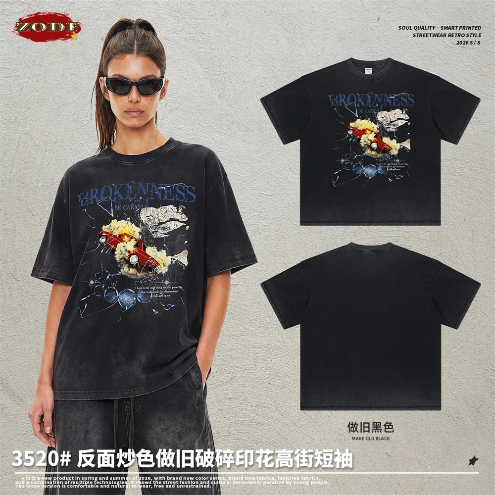 ZODF Retro Summer Men Washed Distressed 275gsm T Shirts Unisex High Street Printing Oversized 100% Cotton T-Shirt HY0021