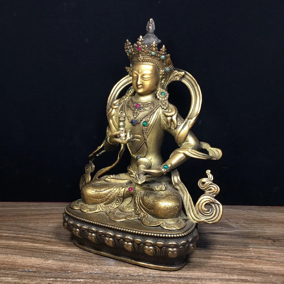 Pure copper inlaid with multiple treasures, Vajrasattva Antique bronze statue Length 15cm, width 8cm, height 21.5cm weight 1065g