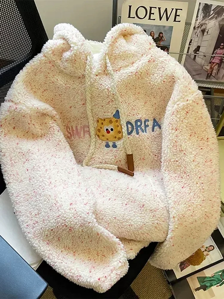 

Zoki зимнее пальто из искусственного ягненка, женское милое теплое пальто с мультяшной вышивкой, повседневные свободные корейские модные топы с длинными рукавами и капюшоном