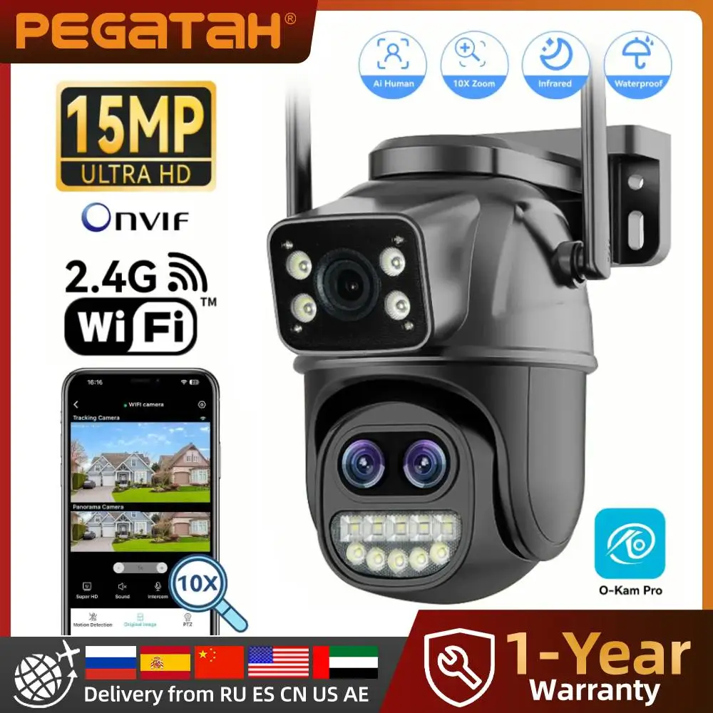 

PEGATAH 15MP WiFi Security Camera PTZ Outdoor Dual Screen 10X Zoom Human Detection 10MP Surveillance Video Camera O-Kam Pro