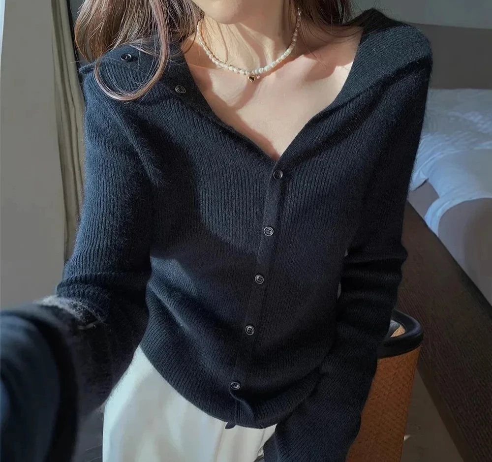 Cardigan aberto de malha feminino outono inverno fino manga longa base camisola casaco com decote em v estilo chinês outerwear