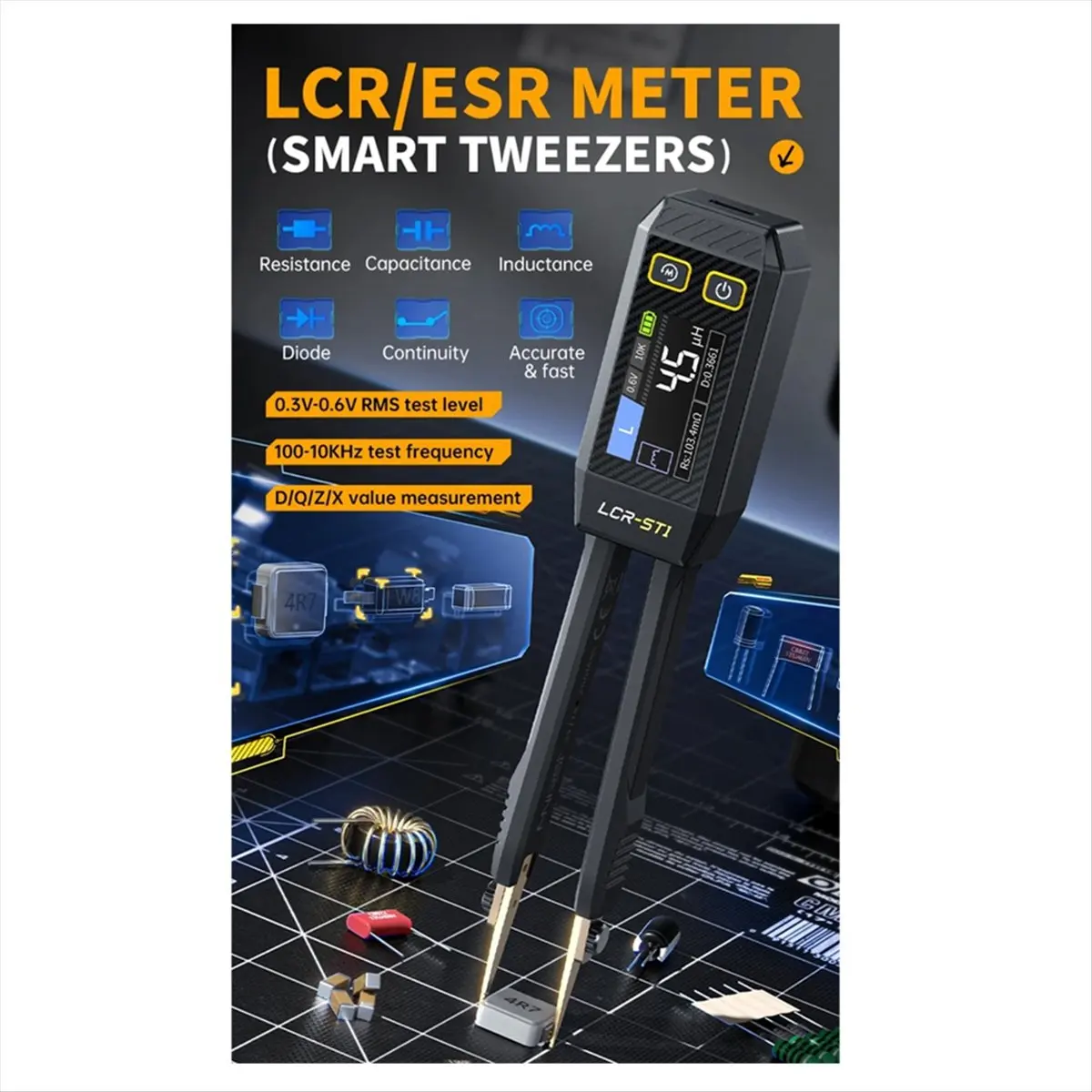 A26Z  -ST1 Mini Smart Tweezer SMD Tester Resistance Capacitance Inductance Continuity Diode Measurement Test
