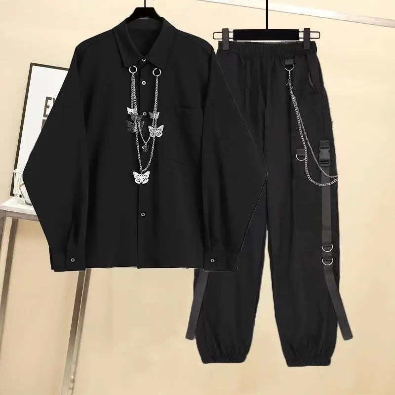 2025 Spring and Autumn New Set Korean Loose Black Shirt Handsome Working Pants Two-piece Set of Men and Women