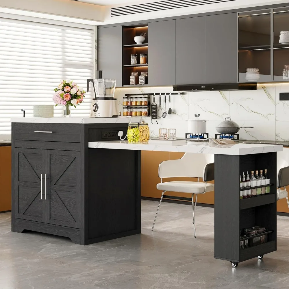 جزيرة المطبخ المتدحرجة على طراز المزرعة مع طاولة قابلة للتمديد لـ 4-6 مقاعد وتخزين وحامل زجاجي للنبيذ #1