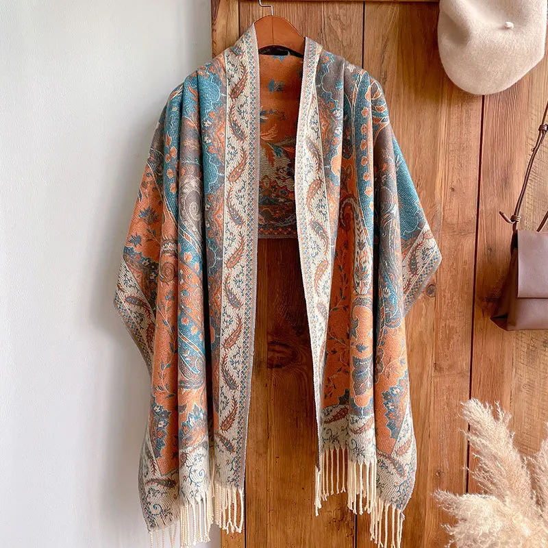 Outdoor Jacquard Scarf Thick Cashmere Tassel Shawl Winter Warm Neck Wrapped in Cashmere Flower Traveling Women's Paisley