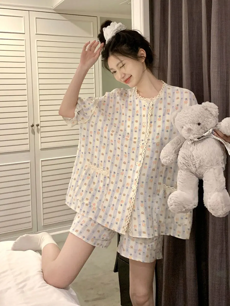 Pajamas Women Summer Lace Sweet Girls Homewear Student Loose Short Sleeve Shorts Set Thin