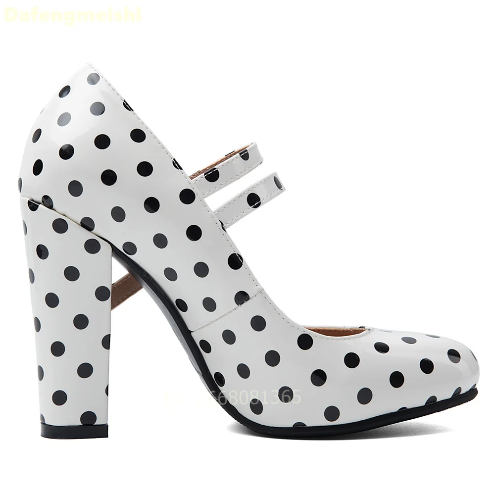 White Black Polka Dot Patent Mary Jane Pumps Round Toe Double Strap Buckle Block Chunky Heels Sandals Women Office Summer Shoes view 5