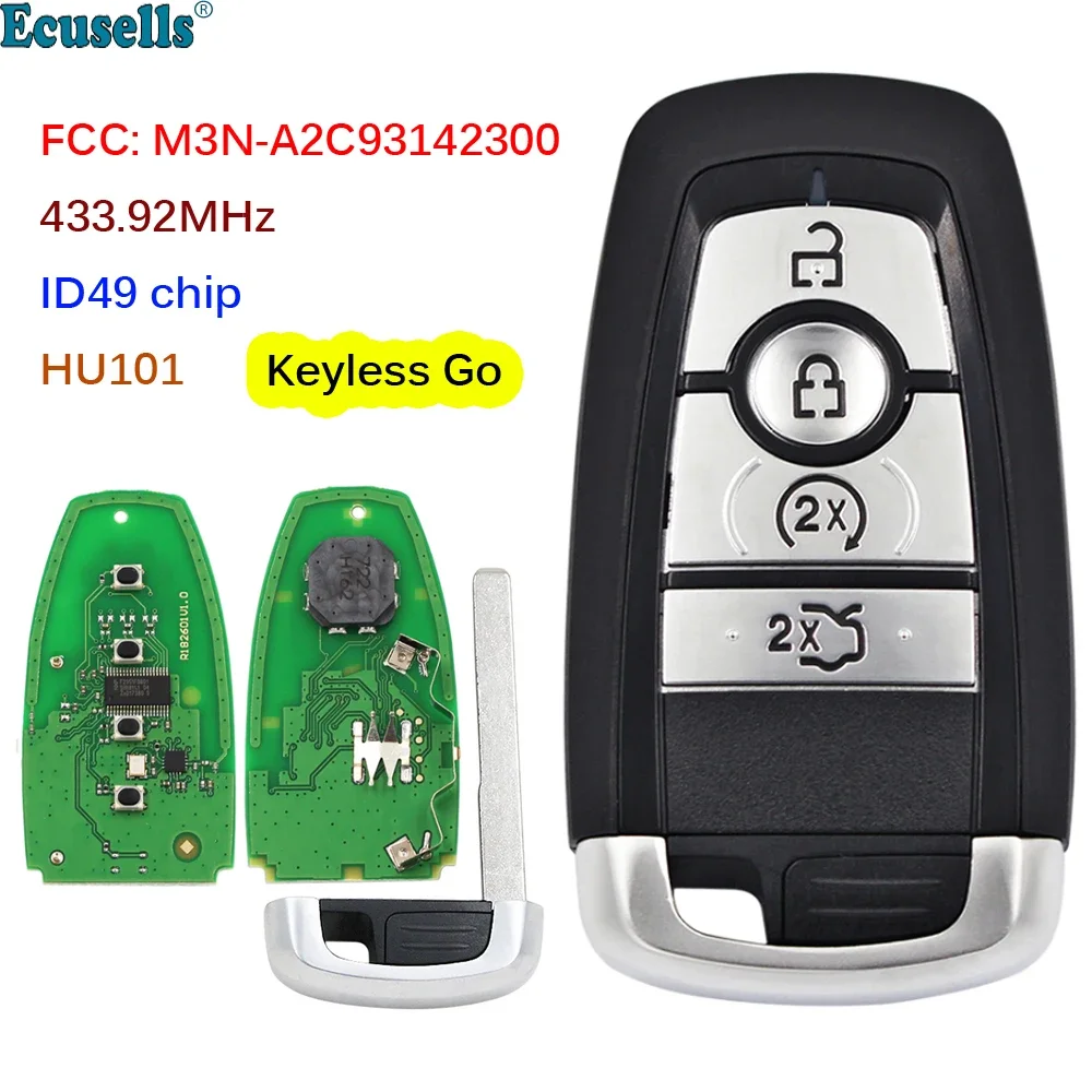 

Smart Keyless Go Remote Car Key 4 Button 433.92MHz ID49 chip for Ford Edge Explorer Fusion Mustang 2017-2020 FCC M3N-A2C93142300