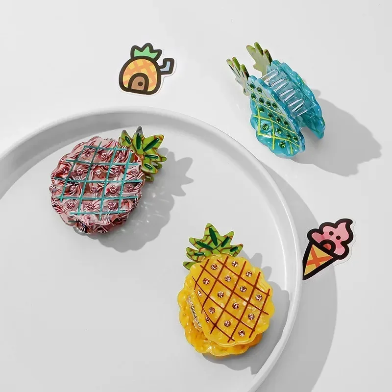 BYL Diamond Set Fresh Fruit Series Hair Clips Acetate Hair Claw Fashion Tri Color Pineapple Crab Clip Women's Hair Accessories