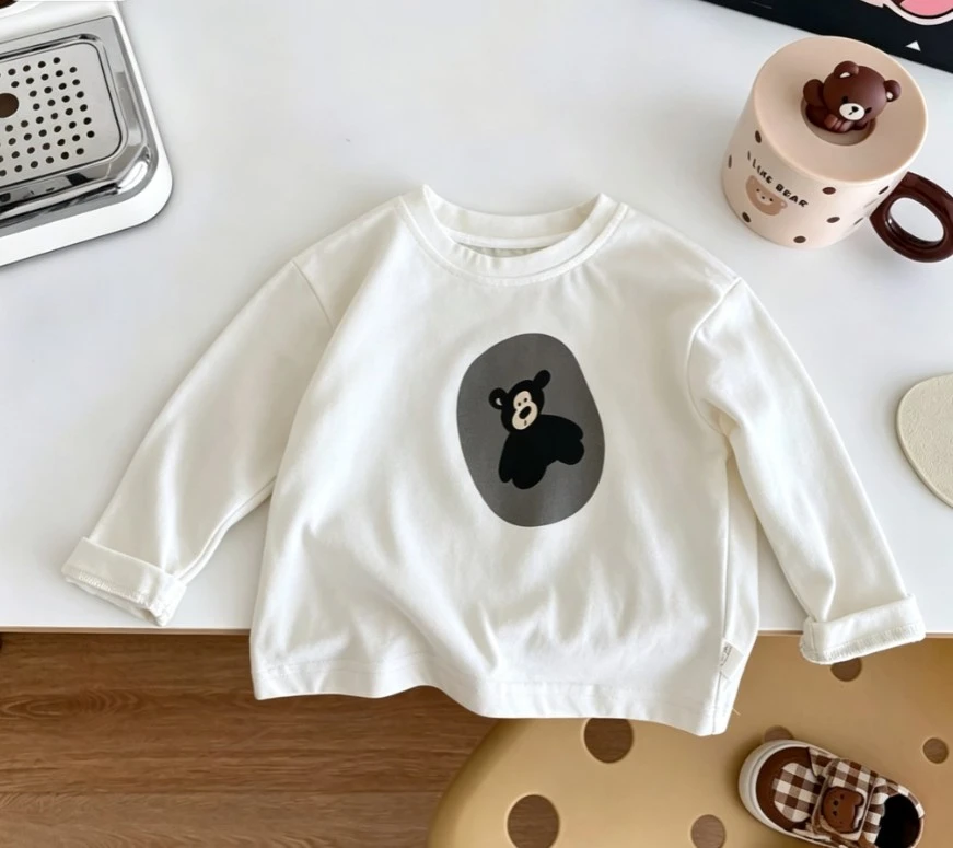 Infant Cute Bear Print Full Sleeve Pullover Kid Soft Cotton Crew Neck Top Children Loose Fit Basic Tee For Kids Boys Girls Wear