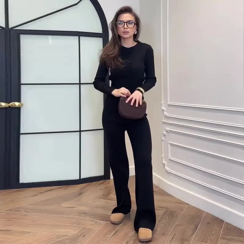2025 New Round Neck Long Sleeve Solid Color Slimming Casual Two Piece Set Women Gray Black Two Color Options