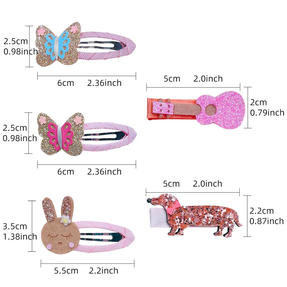 Sweet Princess Headdress Glitter Animal Snap Hair Clips For Girls Shinning Guitar Puppy Rabbit Butterfly Hairpins