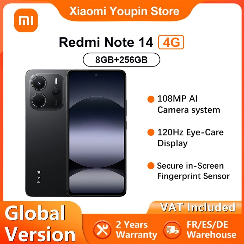 Version mondiale Xiaomi Redmi Note 14 4G Smartphone 6.67 "120Hz affichage MediaTek Helio G99-Ultra 108MP AI caméra 5500mAh batterie