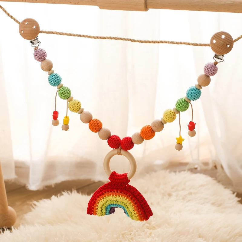 

Baby Stroller Rattle Crib Mobile Cart Chain Handmade Crochet Animal Pendant Beads Wooden Toy Baby Gym Teething Toy Newborn Gift