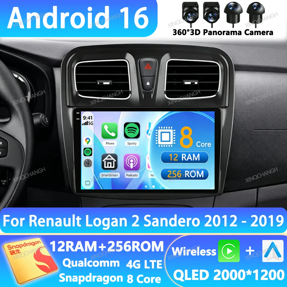 Android 16 Car Radio Carplay Auto For Renault Logan 2 Sandero 2012 - 2019 Multimedia Video Player 4G LTE 5G WIFI BT Navigation