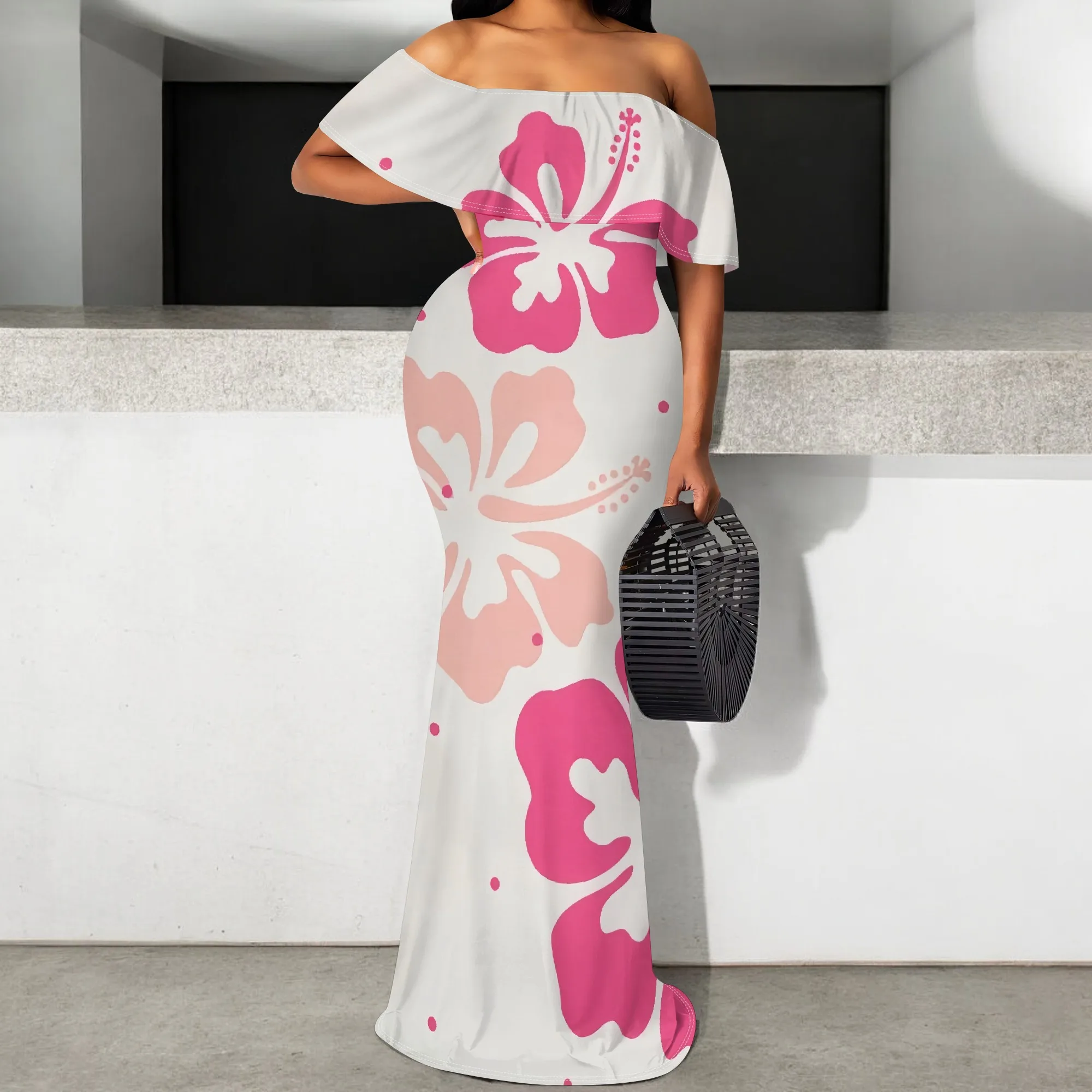 

Pink Floral Off Shoulder Maxi Dress S-3XL Hawaiian Style Beach Vacation Long Dress for Women