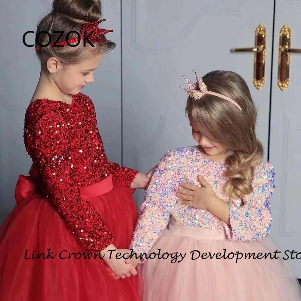 COZOK Scoop Red Flower Girls Dresses with Sequined 2024 Full Sleeve Christmas Dresses for Princess Summer New فستان عيد الميلاد