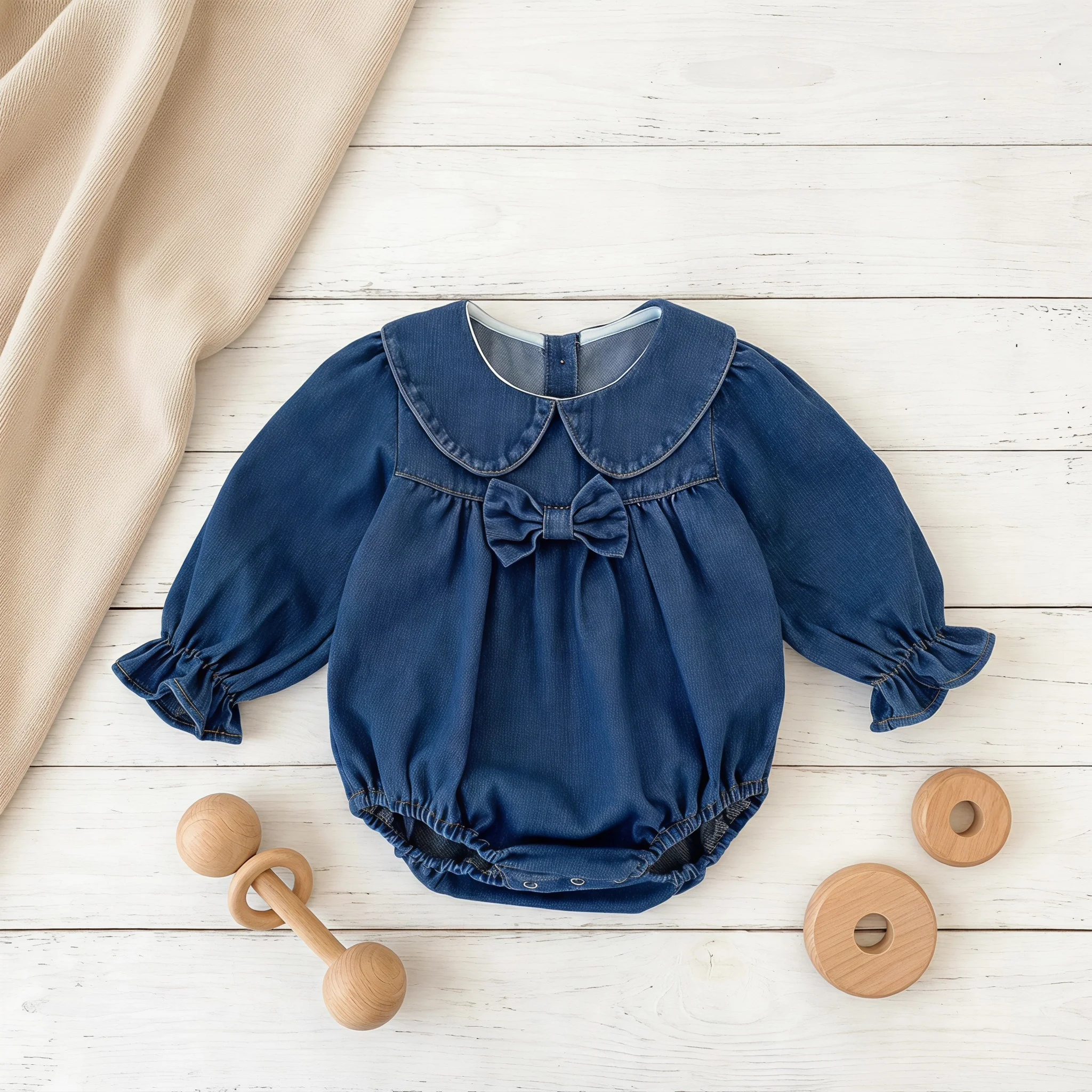 Autumn Korean Style Baby Girls Denim Rompers Solid Colors Baby Clothes With Bow Decor Fashionable Triangle Onesie For Infant
