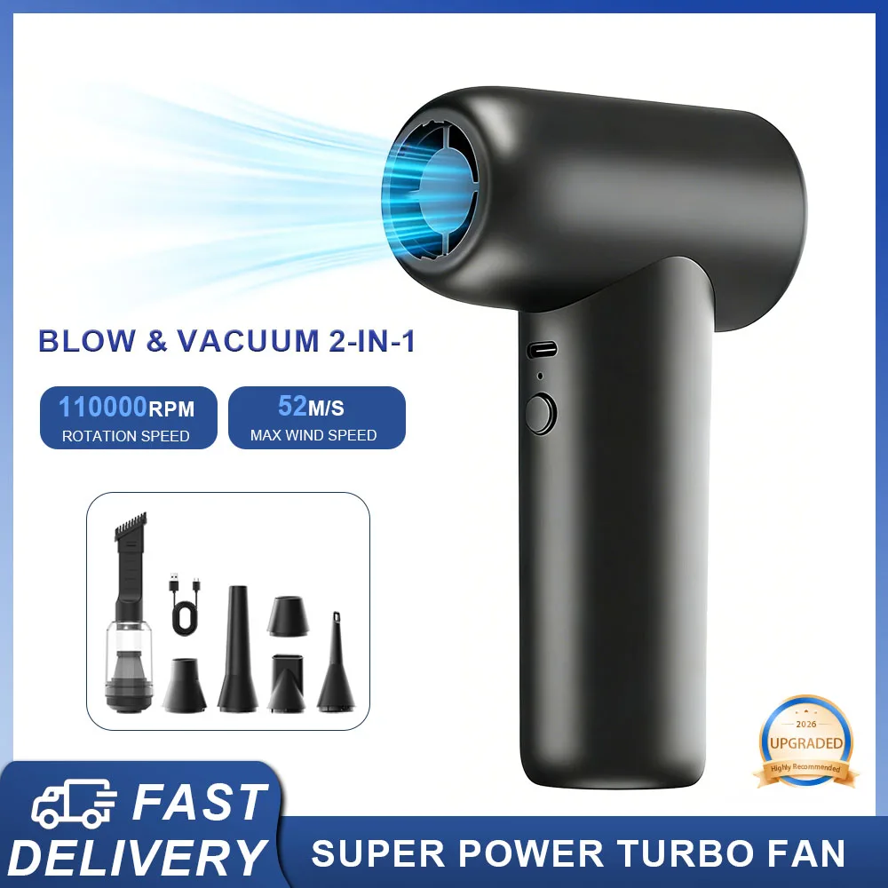 Ventilateur turbo sans balais 110 000 tr/min, dépoussiéreur portable USB-C 4000 mAh – 5 buses pour PC, voiture, électronique et barbecue, écran LED, poussée de 180 g, cadeau de Noël idéal
