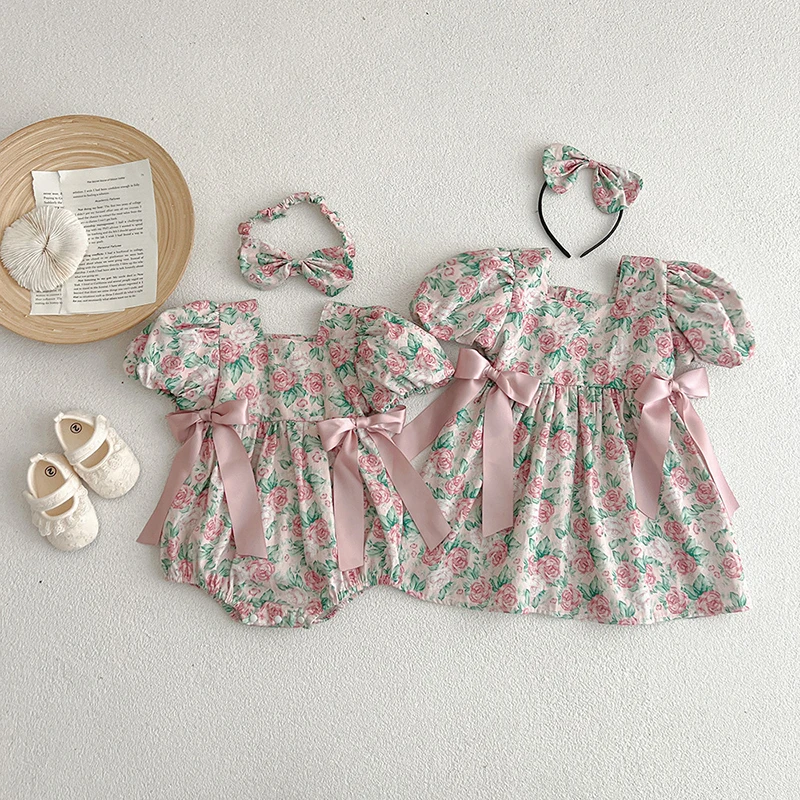 Korean Style Baby Girls Floral Romper+Hair 2pcs Band Kids Girls Short Sleeves Dress Child Baby Girls Summer Sister Clothing