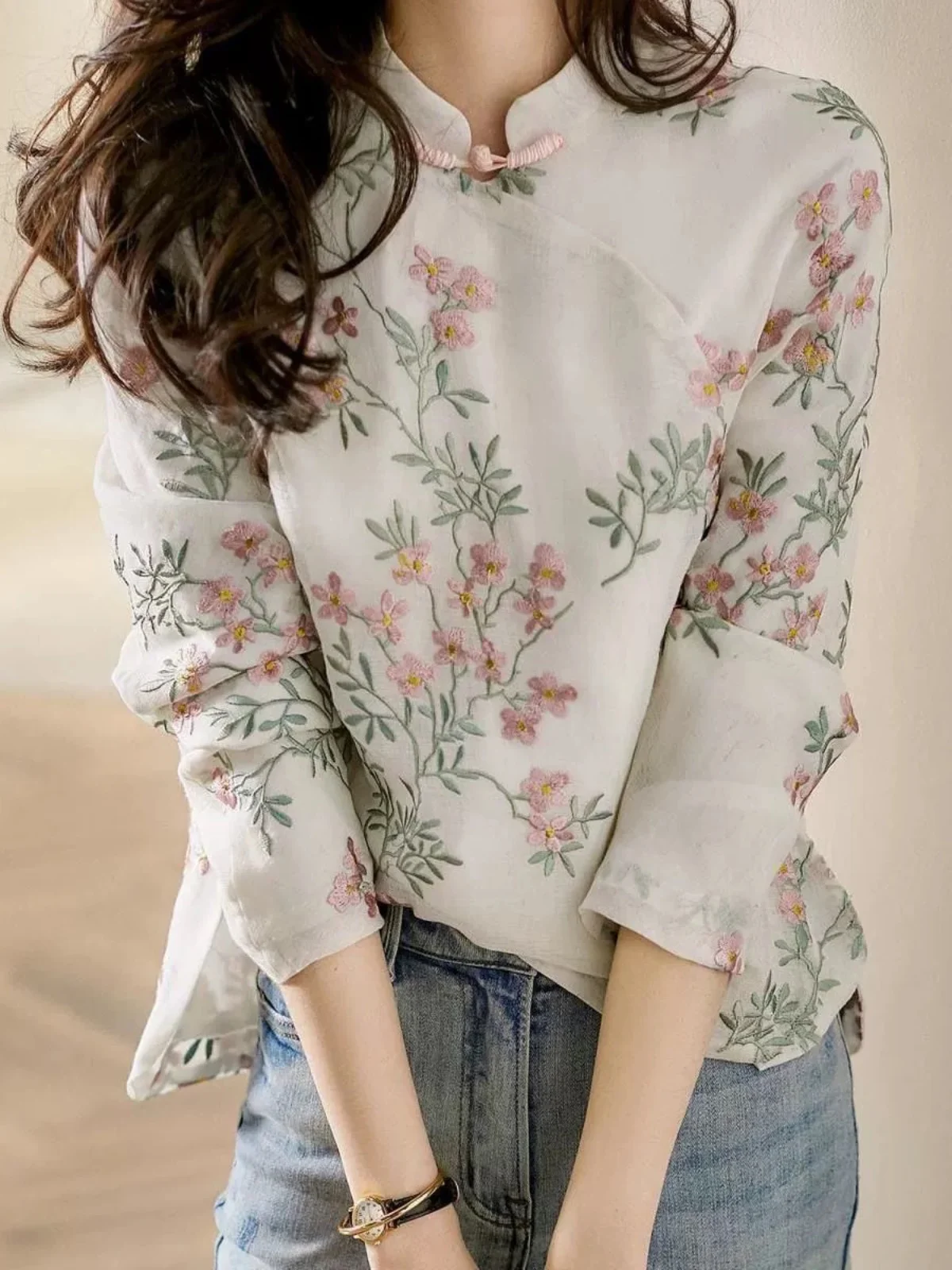 

New Chinese Sle High End Printed Modified Top plus Size Women's irt Stand Collar Button Long Sve Autumn Wear