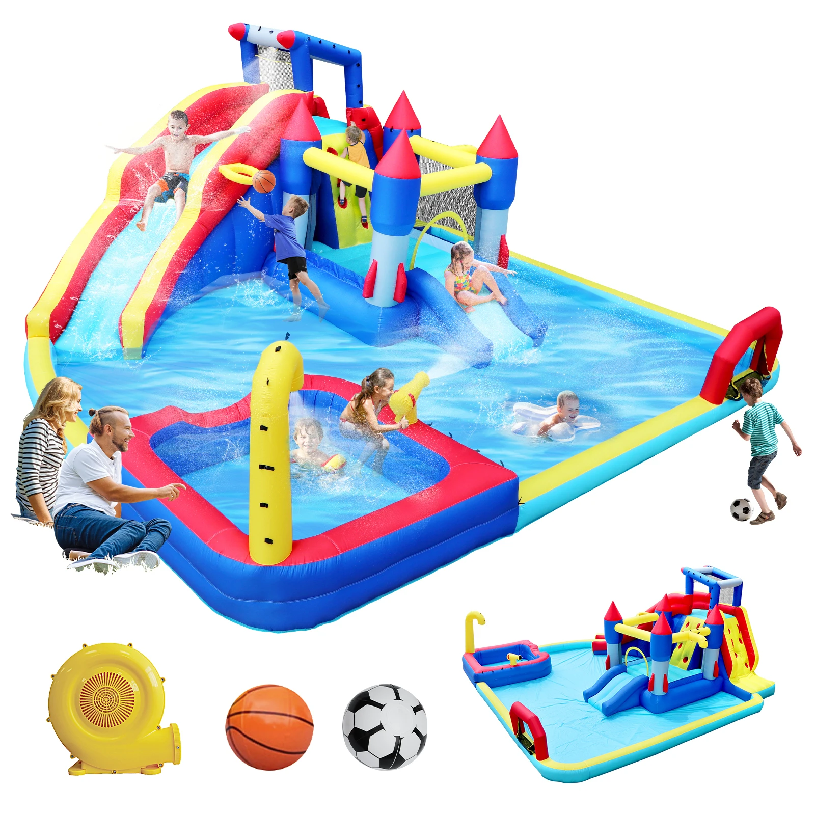 

Inflatable Water Slide 10in1 Bounce House Outdoor Kids Water Park with Dual Splash Pools Climbing Wall Basketball Soccer