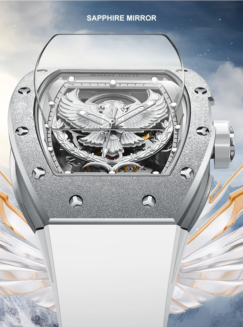 BONEST GATTI Мужские автоматические часы 43*50 мм Механические наручные часы Tonneau с сапфировым стеклом Светящийся скелет Орел Циферблат Фторкаучуковый ремешок