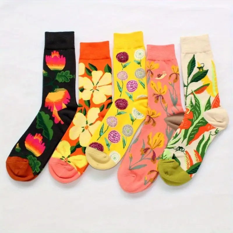 5 pairs Aesthetic Botanical Flower Crew Socks Ladies Bright Color Floral Art Print Soft Cotton Daily Casual Mid Calf Stockings