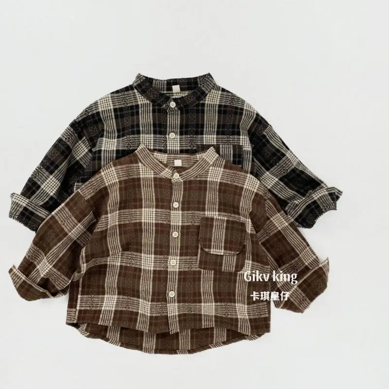 

2026 Spring New Children Shirts Boys Vintage Plaid Shirts Girls Cotton Long Sleeve Tops Toddler Casual Jacket Kids Clothes