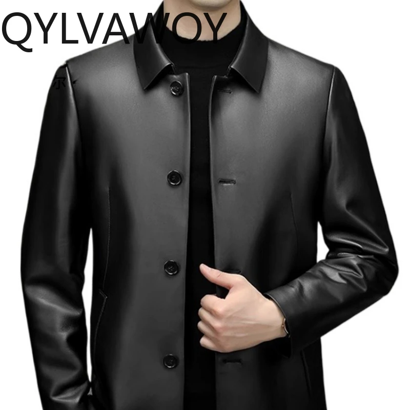 

QYLVAWOY осенне-зимнее новое мужское кожаное пальто из натуральной овчины, Тренч средней длины, теплая стильная верхняя одежда среднего возраста LJ2684