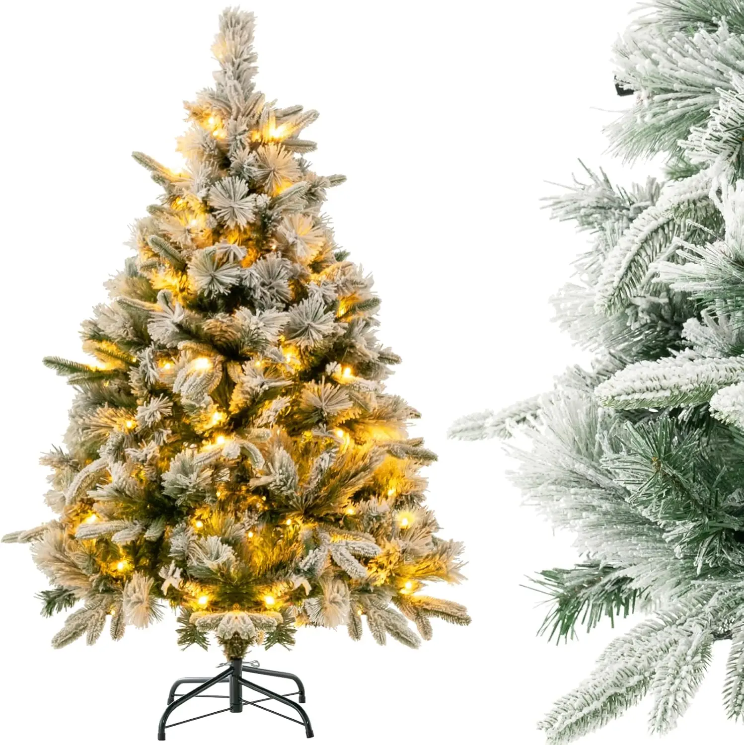 Árbol de Navidad artificial de 136 cm con nieve e iluminación, árbol de Navidad con 150 luces LED blancas cálidas, 384 puntas de rama mixtas