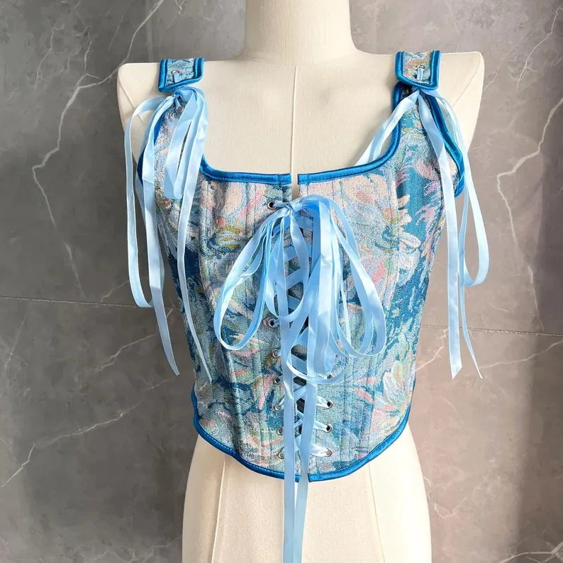 Retro oil painting blue flowers fashionable all-match waist corset French court jacquard elegant exquisite corset