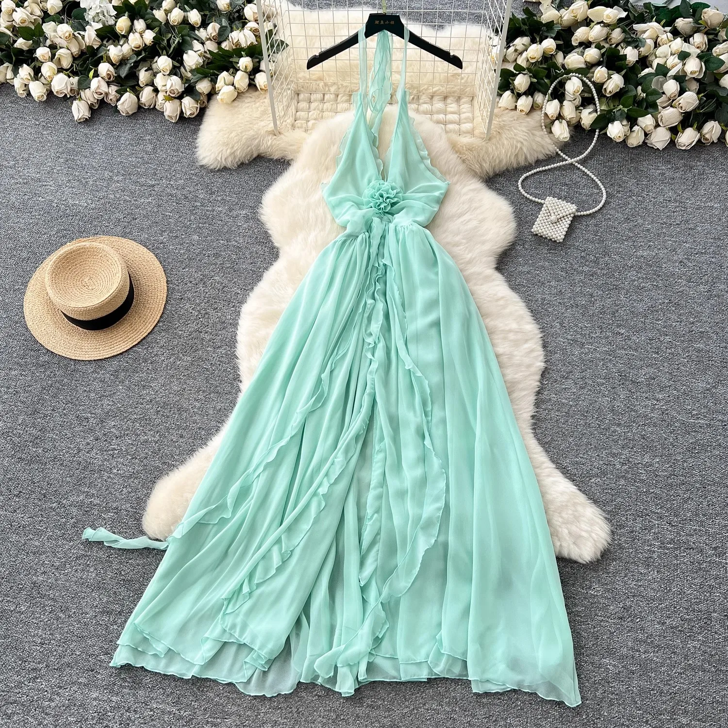 

White Ruffle Deep V Dress Women Elegant Summer Holiday Party Sleeveless Chiffion Clothing Lady Streetwear Chic Vestidos Bodycon