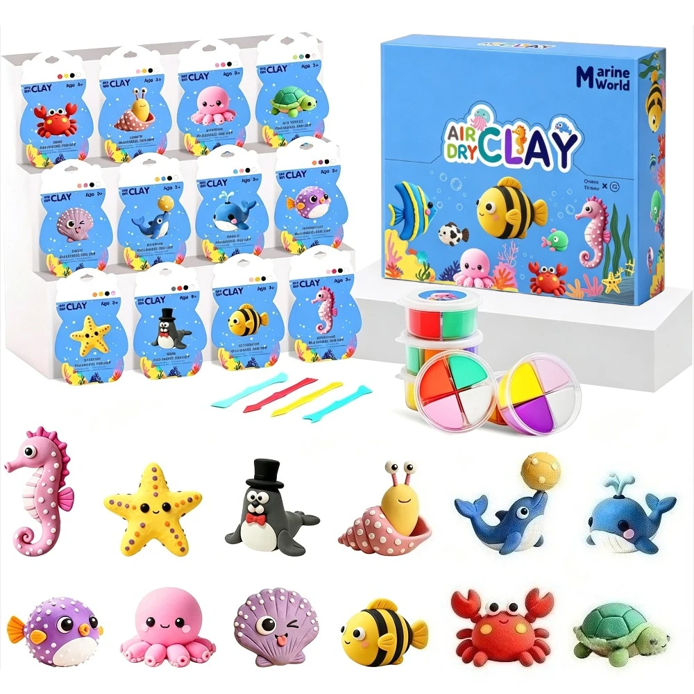Air Dry Clay Kit, 12 Ocean Animal Molds, full DIY tools & tutorials, soft non-sticky clay, creative kids gift for Children’s Day