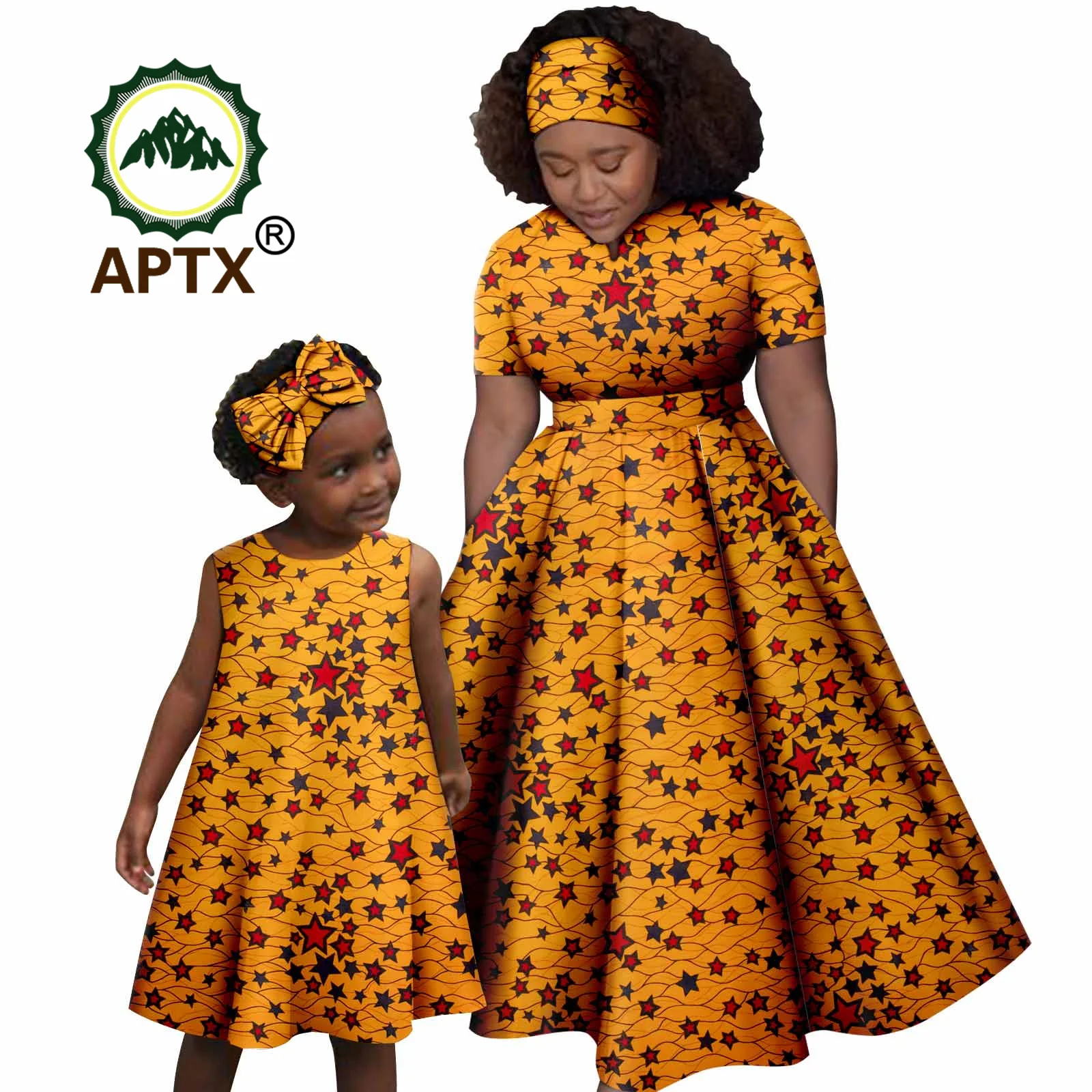 

African Family Outfit Set Ankara Women Print Dress with Headscarf Matching Girls Dashiki Mom and Daughter Clothes Sets Y234016