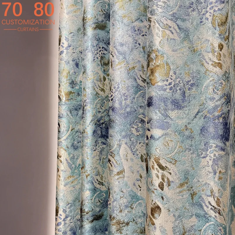 Luxury Blue Gold Mixed Color Oil Painting Jacquard Curtains for Bedroom Living Room French Window Customized Finished Balcony