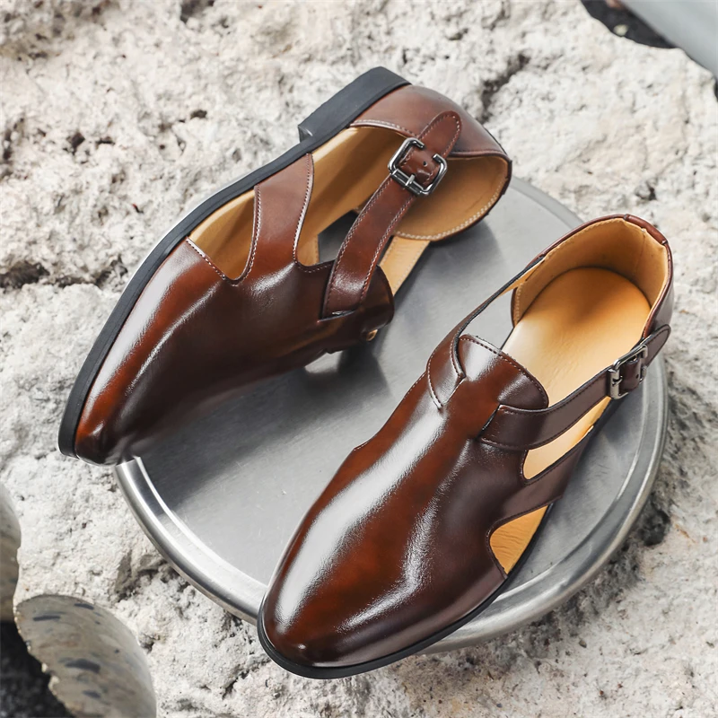 

Summer New Business Sandals Black Brown PU Breathable Hollow Roman Buckle Formal Sandals Size 38-46 Men Sandals