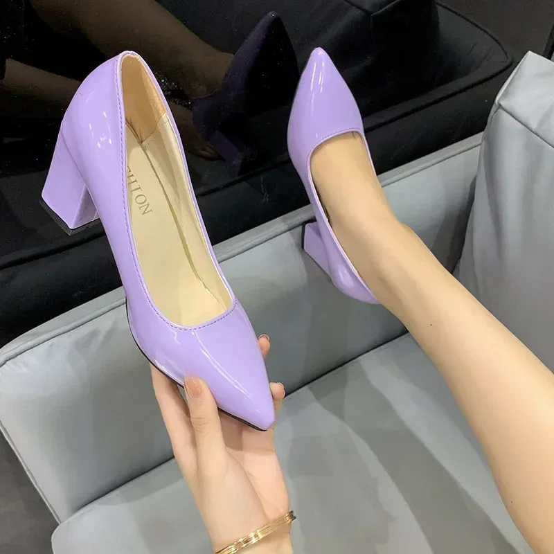 Patent Leather PU Woman Pumps 10cm Square Heels Sexy Party Pointed Toe Luxury Women\'s Shoes Super Big Size 35-43