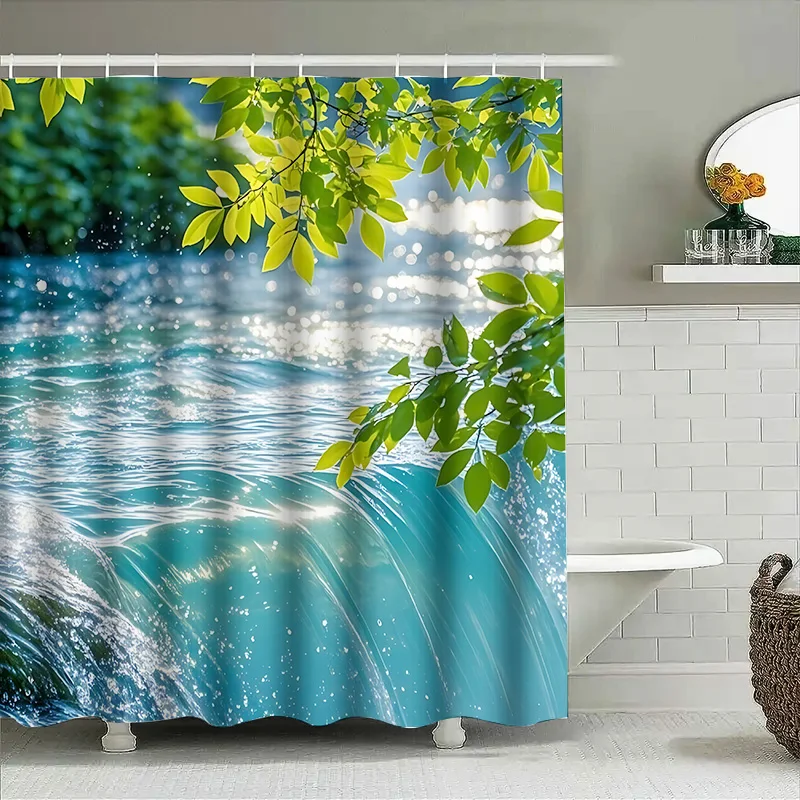 Fresh Waterfall and Green Leaves Shower Curtain for Bathroom - Nature Scene Decorative Waterproof Durable  Rustproof Hooks‌