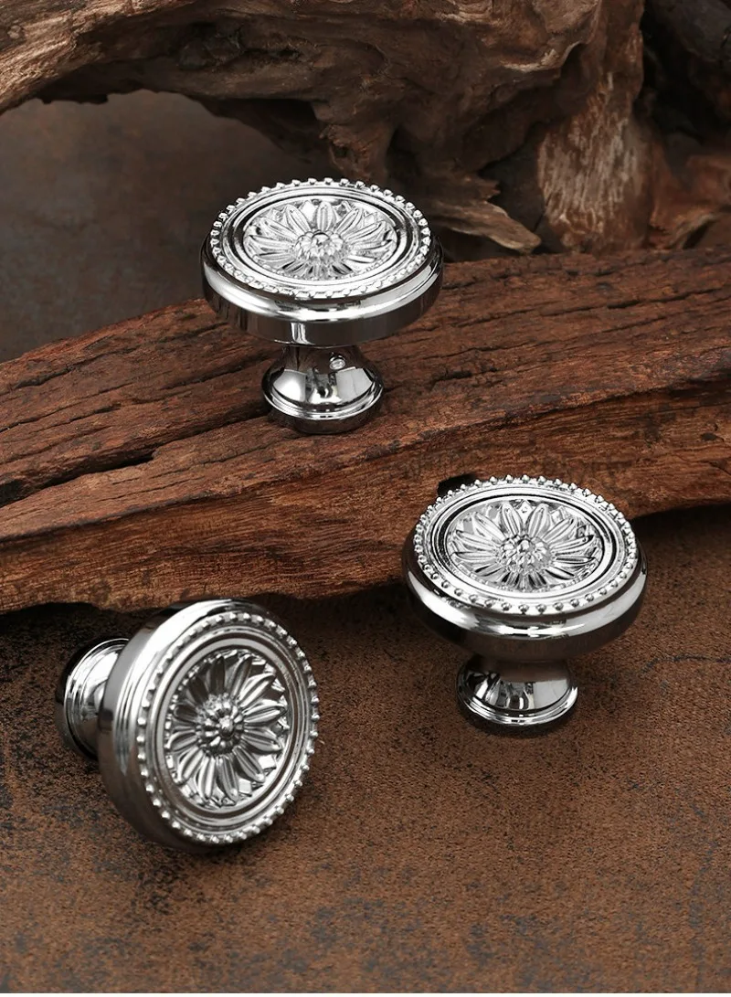 French Style Cabinet Door Handle, Silver Embossed Cabinet, Modern Minimalist Cabinet Drawer, Solid Single Hole Wardrobe Handle