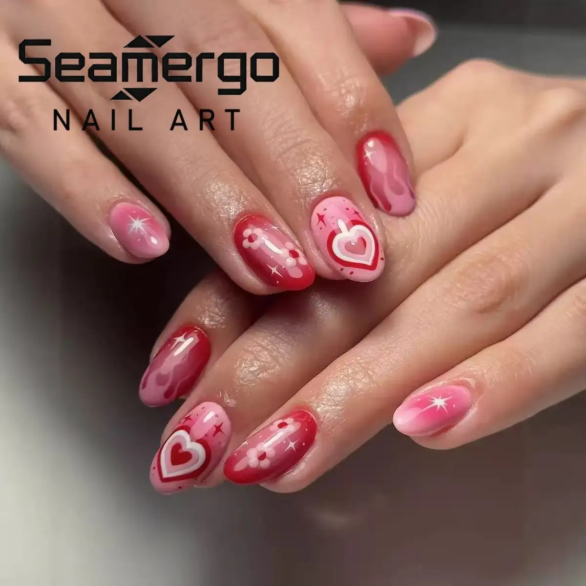 24PCS Sweet Cherry Love Fake Nails Short Round with Simple G