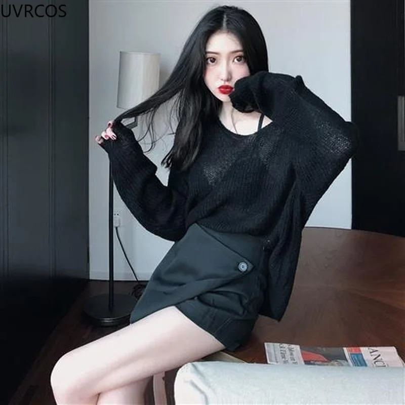 Sexy Dünne Pullover Frauen Vintage Hohl Gestrickte Pullover Top Süße Beiläufige Lose V-ausschnitt Sweatshirt Elegante Koreanische Frauen Kleidung