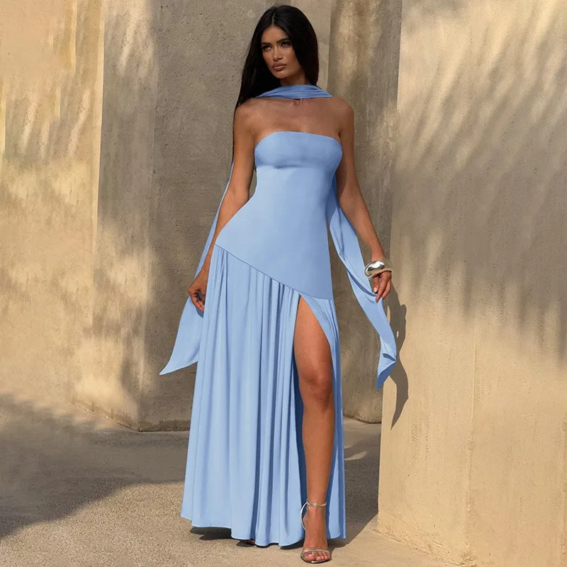 

Summer Dress Woman Elegant Party Tube Top Slit Dresses Backless Satin Maxi Dress Strapless High Slit Mint Green Evening Dress