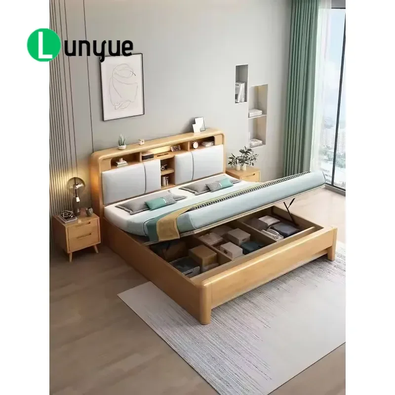 Modern Solid Wood Platform Bed with Storage Adjustable Height Soft Upholstered Eco Friendly Space Saving Bedroom Furniture