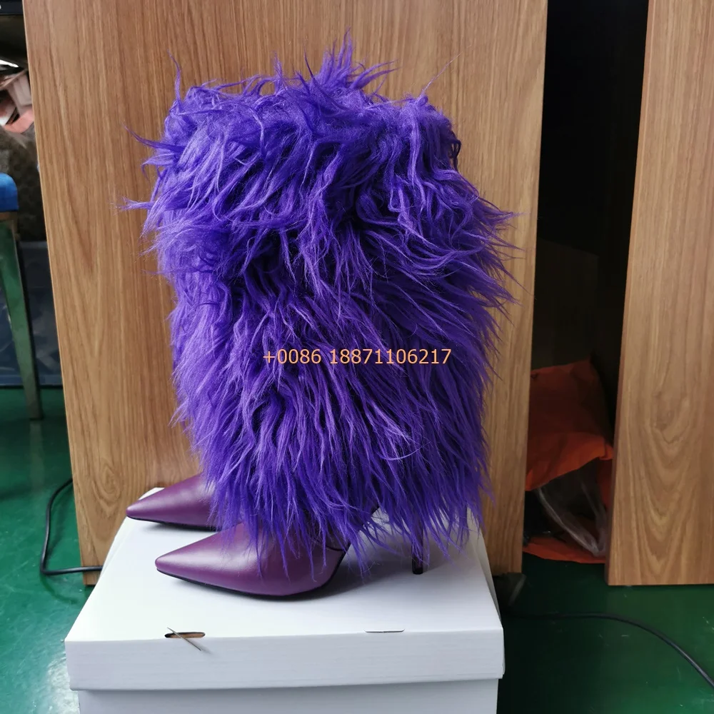 

Purple Sexy Ladies Fur Boot 2025 Autumn Winter New Pointed Model Catwalk Elegant Banquet Stiletto Fashion Party Casual Long Boot