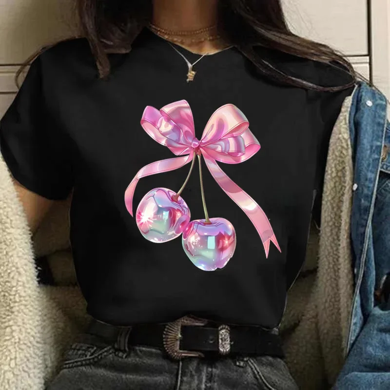 Women's Cherry Print T-Shirt Crew Neck Sleeve Casual Fabric Fruit Vegetable Summer Short Sleeved Harajuku Streetwear Tops Tees